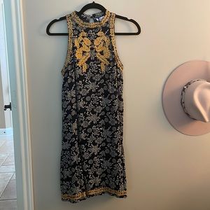THML dress, navy blue, with yellow embroidery.